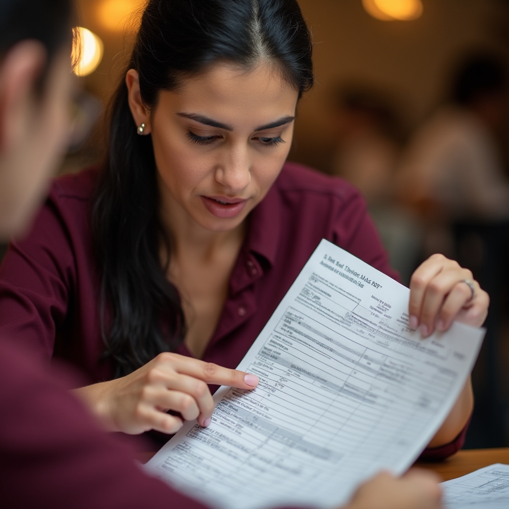 Workshop participant examining a payslip document with facilitator guidance