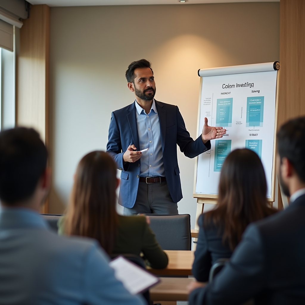Instructor explaining saving and investing concepts with visual aids
